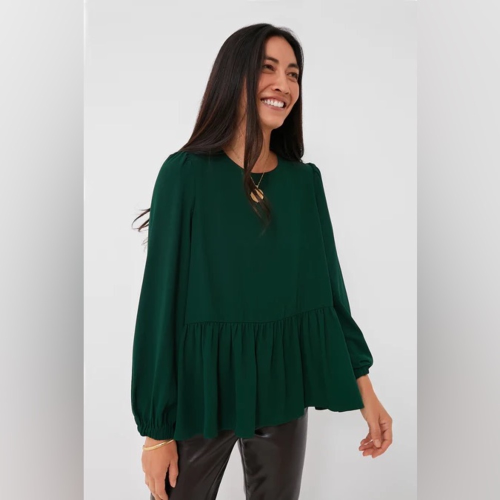 Tuckernuck Pomander Place Hunter Green Carlotta Peplum Blouse for Women Large